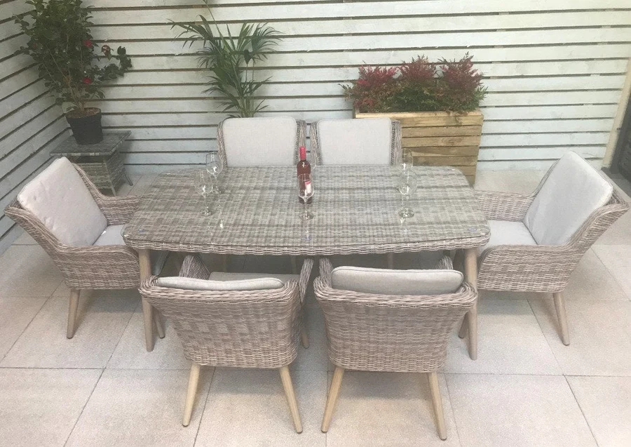 Rattan 6 Seat Rectangular Dining Set - Light Grey - Derwent Range