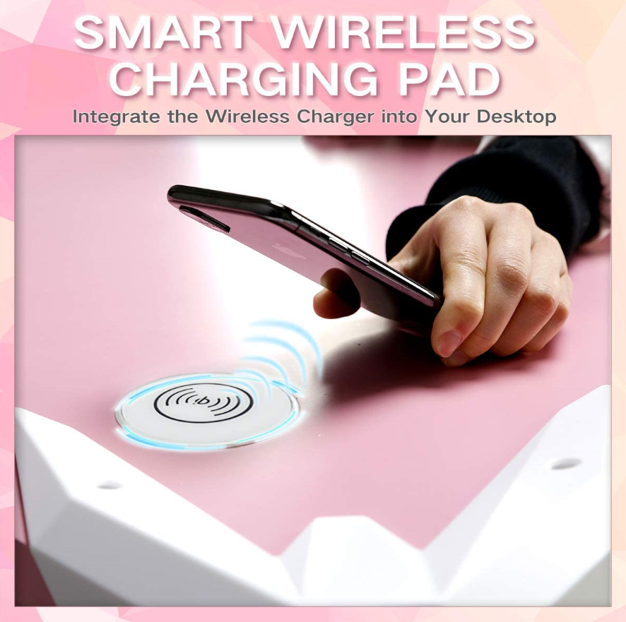 Pink Ergonomic Large Gaming Table 48 Inch Cute Computer Desk, Computer Chair with Smart Built-in Wireless Charging Pad Gaming Table Pro with 7 Colors LED Lights