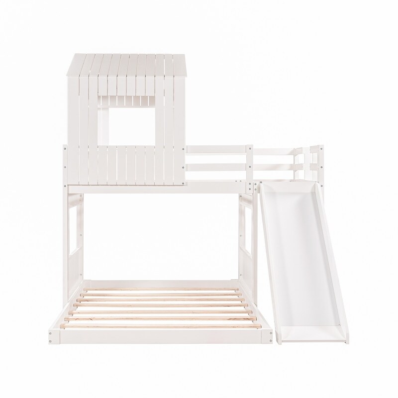 AOOLIVE Wooden Twin Over Full Bunk Bed with Playhouse,White