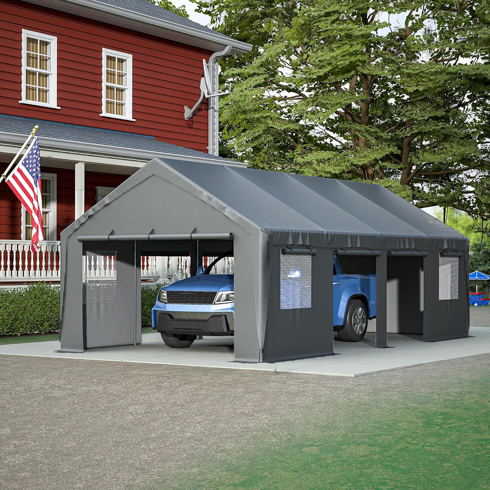 Garage carport with roll-up ventilation window, car shelter with side tarpaulin, suitable for cars, trucks, boats