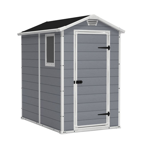 KETER Manor 4x6 Resin Outdoor Storage Shed Kit-Perfect to Store Patio Furniture, Garden Tools Bike Accessories, Beach Chairs and Lawn Mower, Grey & White