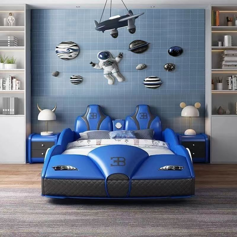 Creative Simple Car Children's Bed Little Boy Creative Solid Wood Frame High-Quality Leather Bed