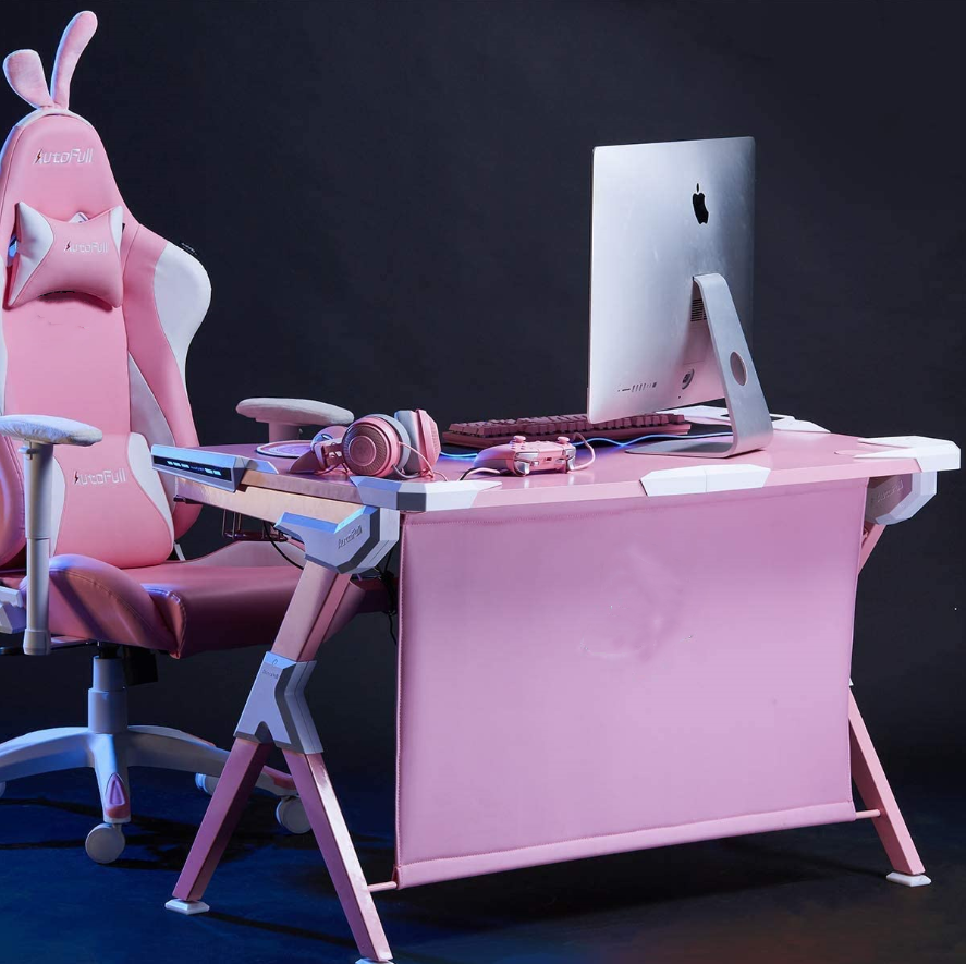 Pink Ergonomic Large Gaming Table 48 Inch Cute Computer Desk, Computer Chair with Smart Built-in Wireless Charging Pad Gaming Table Pro with 7 Colors LED Lights