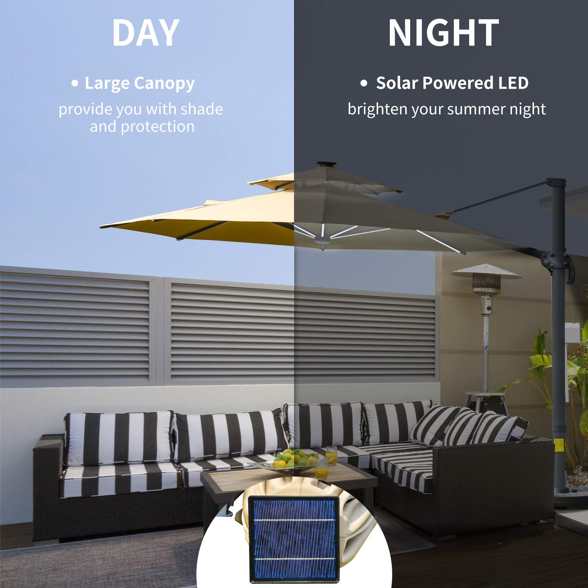 Outsunny 3(m) Cantilever Roma Parasol with LED Solar Lights, Crank & Tilt, Aluminium Frame, Cross Base and Adjustable Canopy 360° Rotating Sun Umbrella with 2-Tier Shade