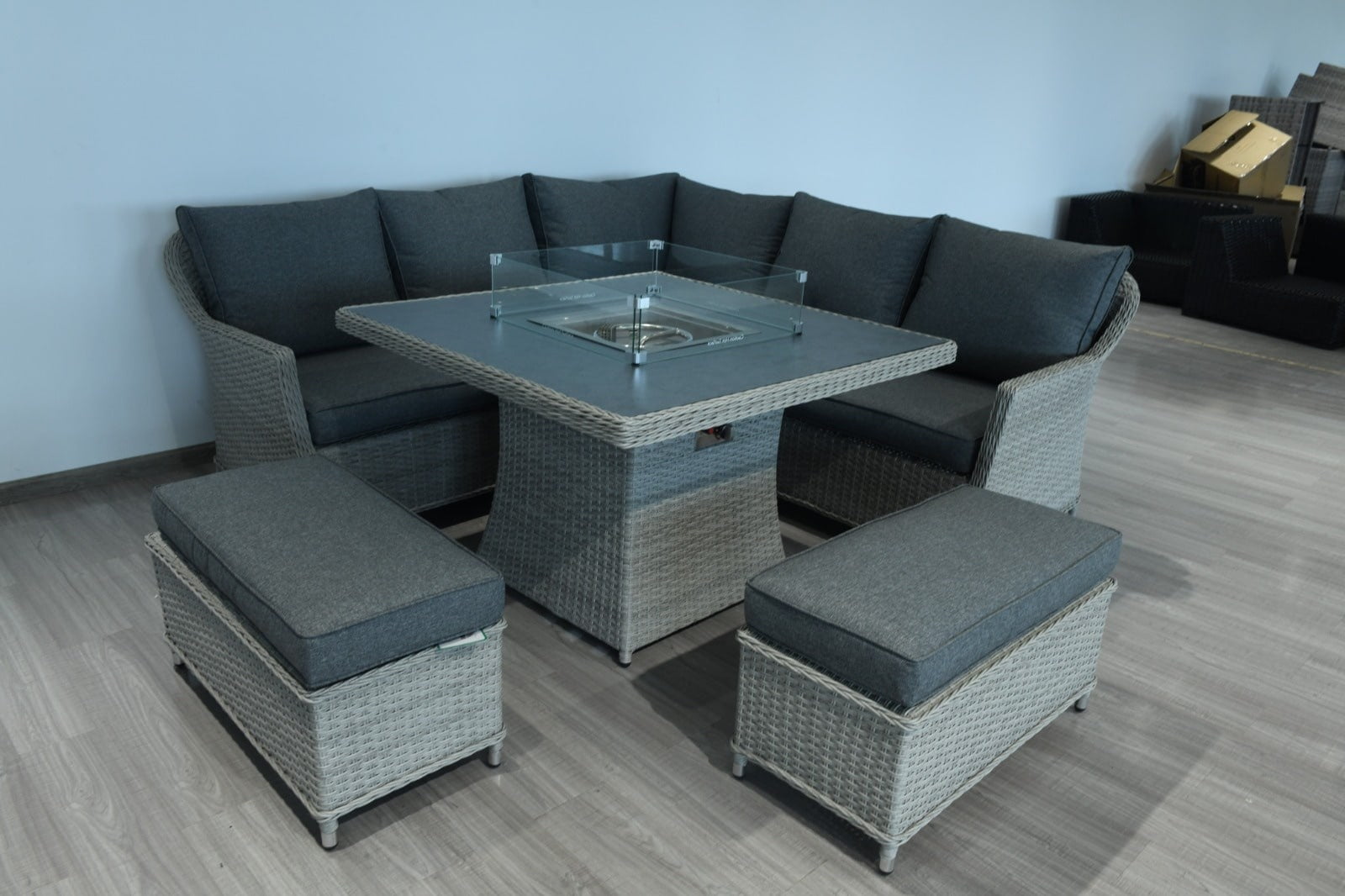 Rattan Corner Firepit Dining Patio Set 8 Seater