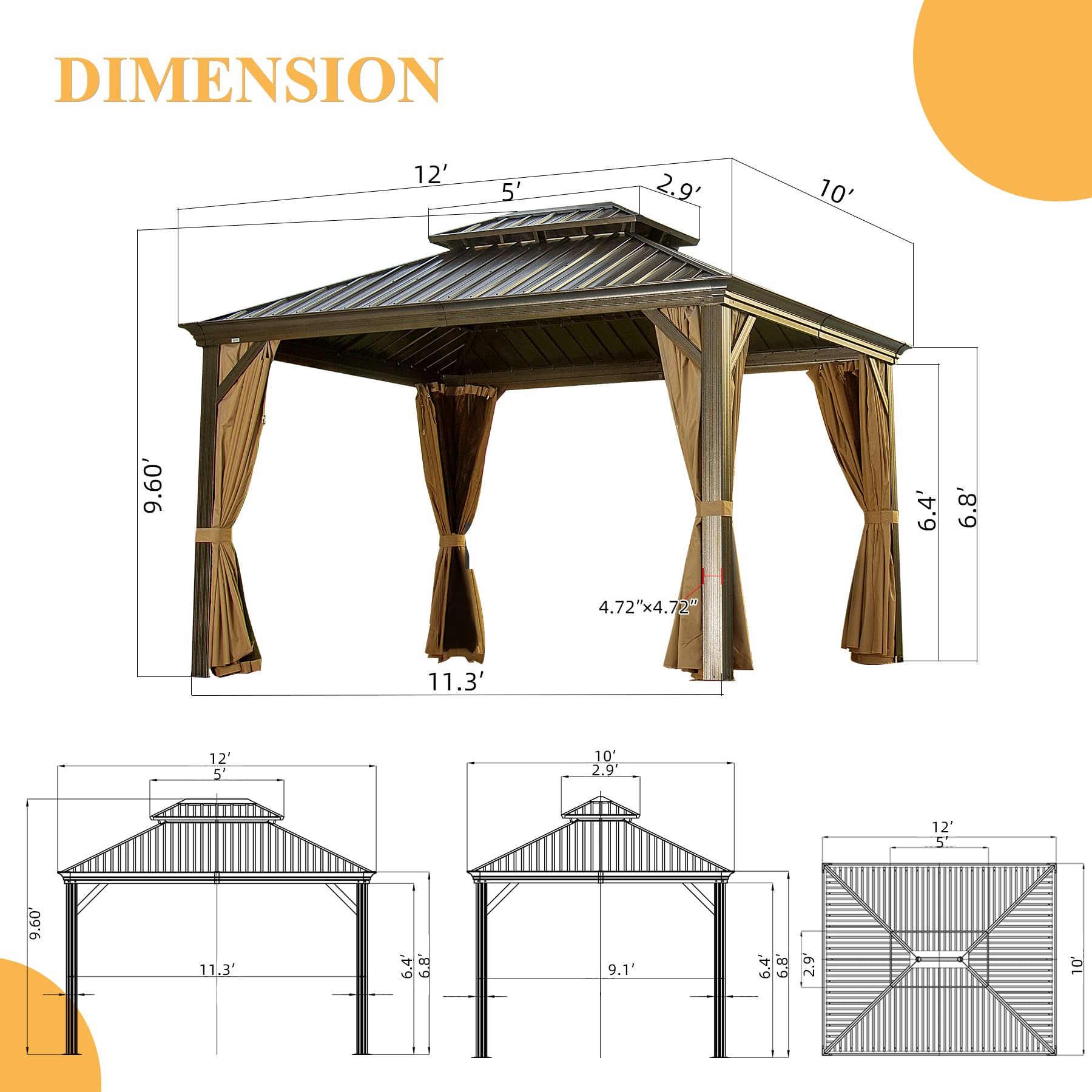 10x12 Hardtop Gazebo Outdoor Aluminum Gazebos Grill with Galvanized Steel Double Canopy