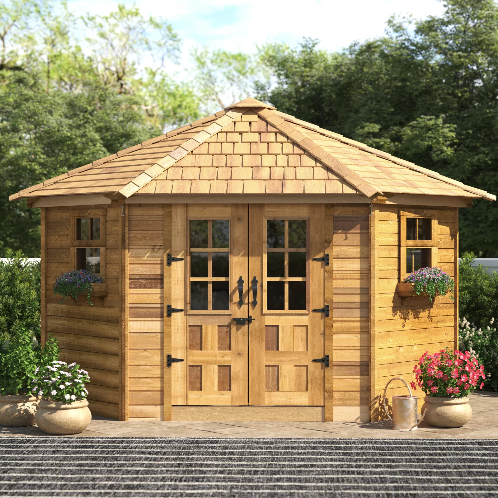 【Storage Shed】9 ft. W x 9ft. D Penthouse Cedar Wood Garden Shed with French Doors
