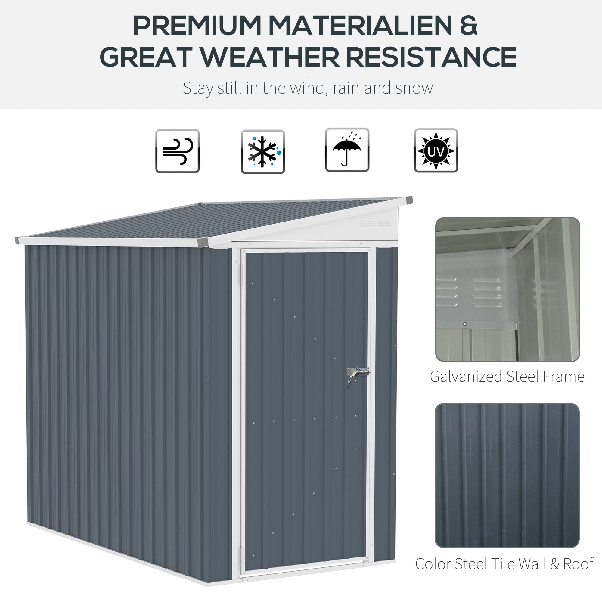 【Storage Shed】4' x 8' Steel Outdoor Sloping Metal Tool House with Lockable Doors & 2 Air Vents