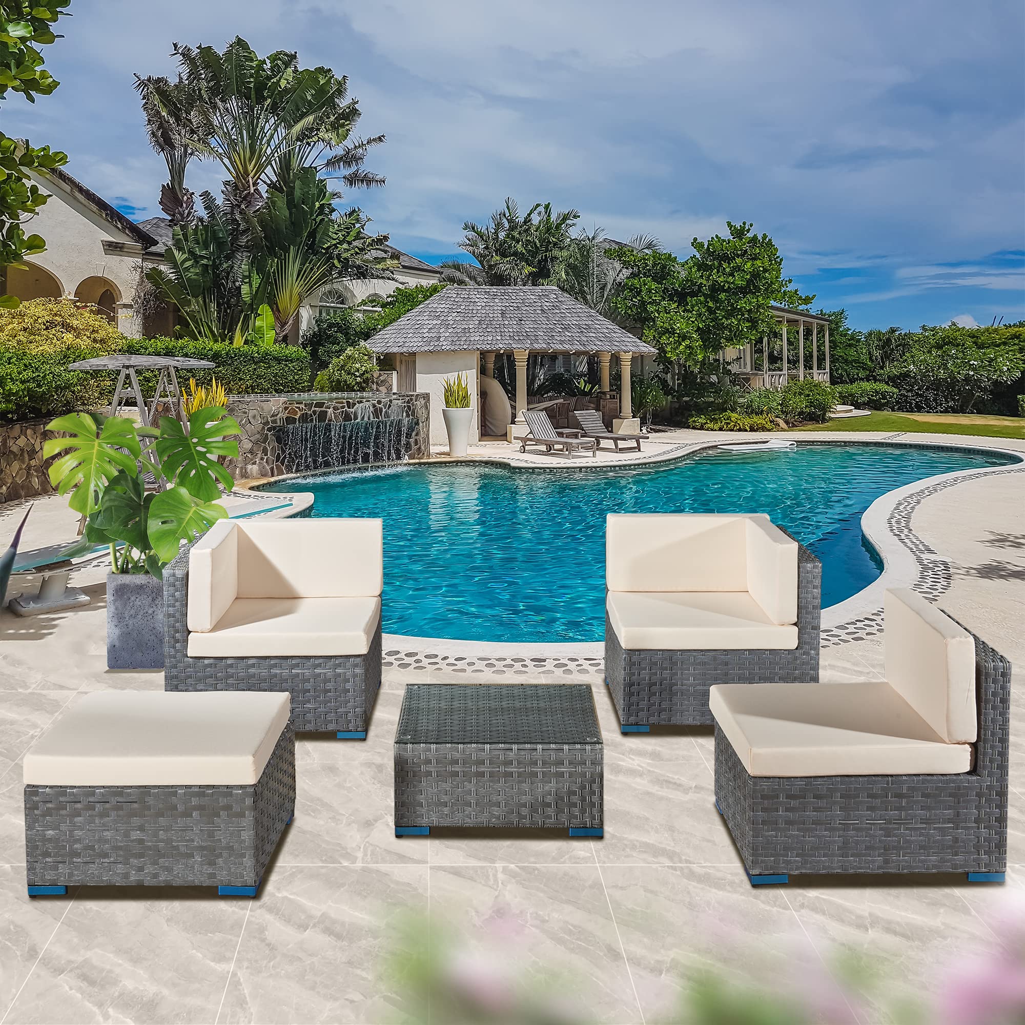 ASOWNSUN Rattan Garden Furniture Sets 4 Seater Patio Sofas with Coffee Table, Cushions, All-weather Outdoor Corner Sofa Patio Conversation Sets,Outdoor Furniture Sets Table Sofa Chair