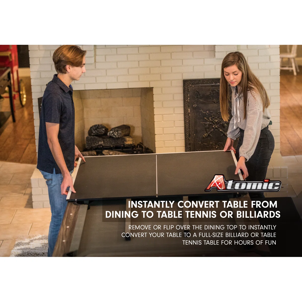 Atomic 7' Hampton 3-in-1 Combination Table Includes Billiards, Table Tennis, and Dining Table with Dual Storage Bench Seating