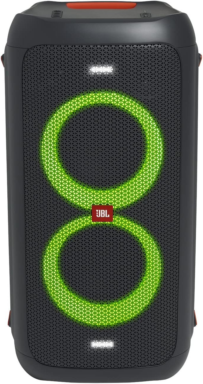 JBL PartyBox 100 Bluetooth Party Boombox Speaker, High-Power Audio System with Light Effects and Mic/Guitar Inputs, Black with Neon Multicoloured Lighting